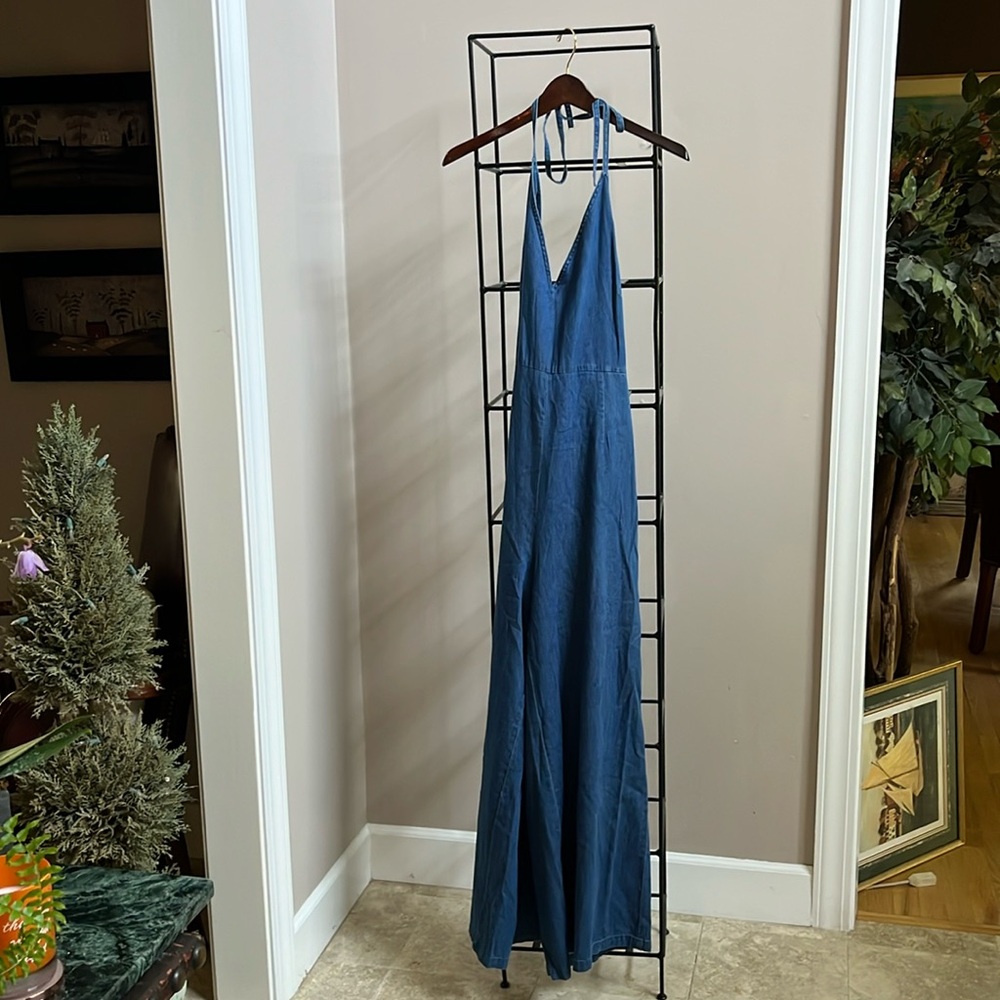 Backless Anthro halter denim jumpsuit